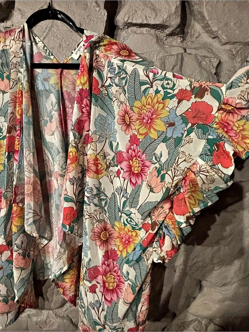 Umgee Floral Print Ruffle Sleeve Open Front Kimono Cardigan Blouse Blue & Pink - Picture 2 of 6